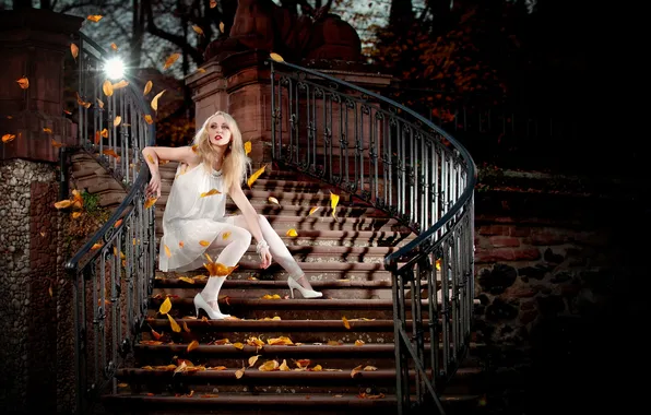 Leaves, girl, pose, stage