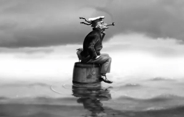 Picture black and white, sailor, barrel