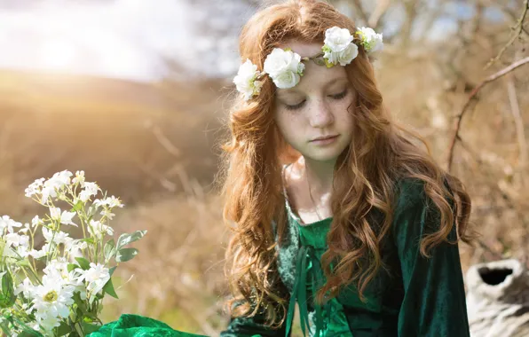 Flowers, mood, hair, girl, freckles, red, wreath, redhead