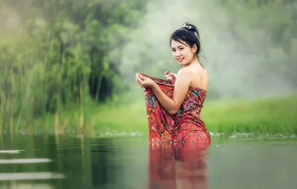 Water, Girl, Asian, Bathing