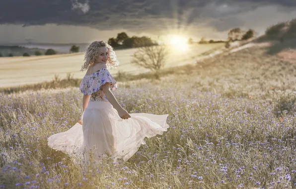 Picture girl, sunset, flowers, mood, meadow, cornflowers