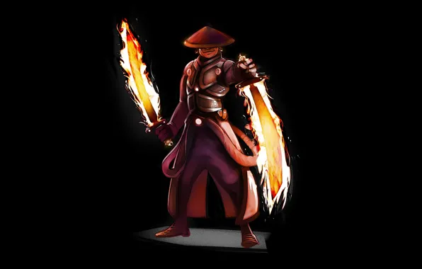 Picture weapons, fire, warrior, art, swords, black background, grin, Dota 2