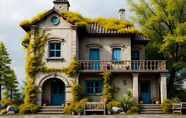 House, Sky, Green, nature, old, cloudy