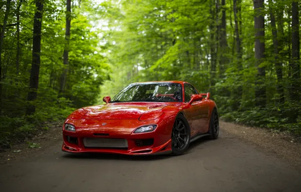 Road, forest, red, sports car, Mazda RX-7