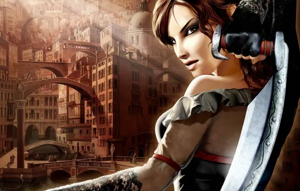 Picture girl, the city, sword, Scarlett, Venetica
