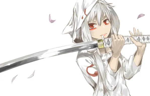 Picture girl, weapons, katana, petals, art, hood, vocaloid, Vocaloid