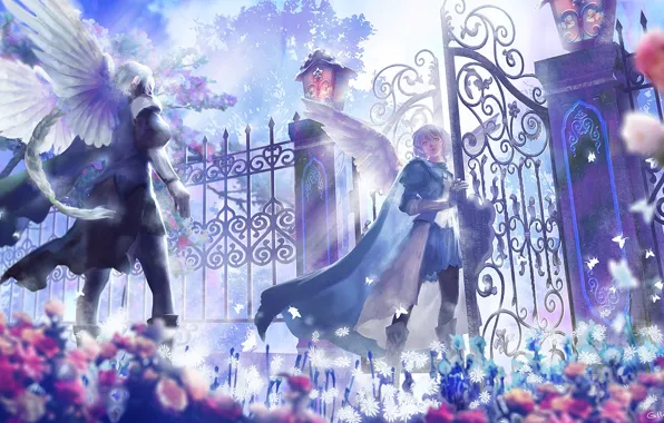 Flowers, wings, anime, gate, angels, art, guys, lost elle