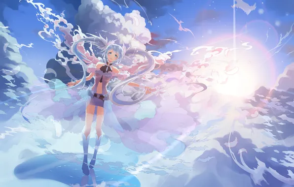 The sky, girl, the sun, clouds, anime, art, vocaloid, hatsune miku