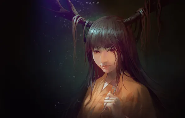 Girl, anime, art, horns, kimono, exe336