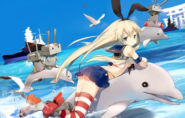 Picture sea, look, girl, seagulls, robots, dolphins, art, kantai collection