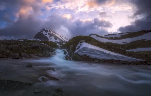 Clouds, light, snow, mountains, cascade