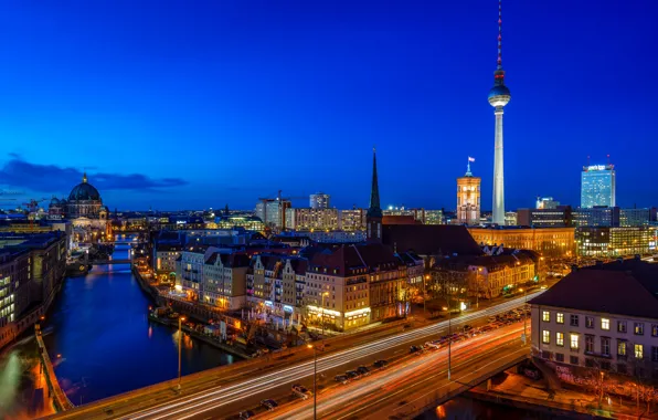 Picture bridge, river, building, home, Germany, night city, Germany, Berlin