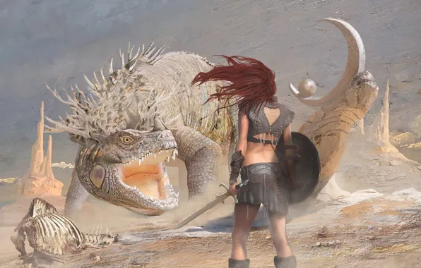 Girl, weapons, hair, Dragon, battle, mouth