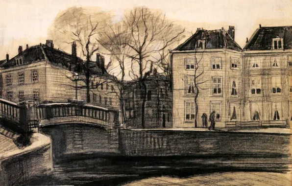Drawings, Vincent van Gogh, The Hague, on the Corner of Herengracht-Prinsessegracht, Bridge and Houses