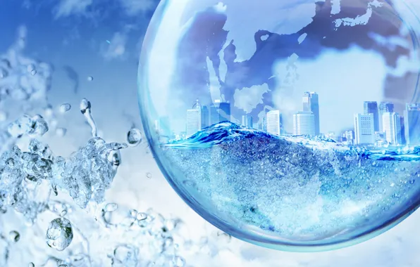 Water, city, Photoshop, Globe