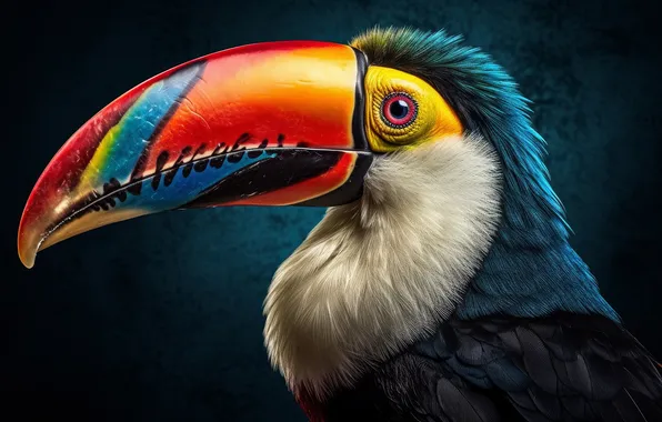 Look, nature, the dark background, bird, portrait, beak, Toucan, AI art