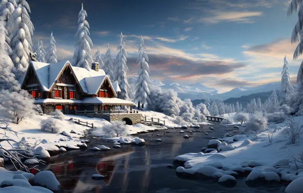 Winter, forest, snow, mountains, house, river, stones, shore