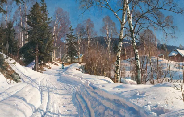Picture Danish painter, 1919, Peter Merk Of Menstad, Peder Mørk Mønsted, Danish realist painter, Sunny winter …