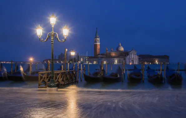 Night, the city, boats, lighting, lights, Italy, Venice, channel