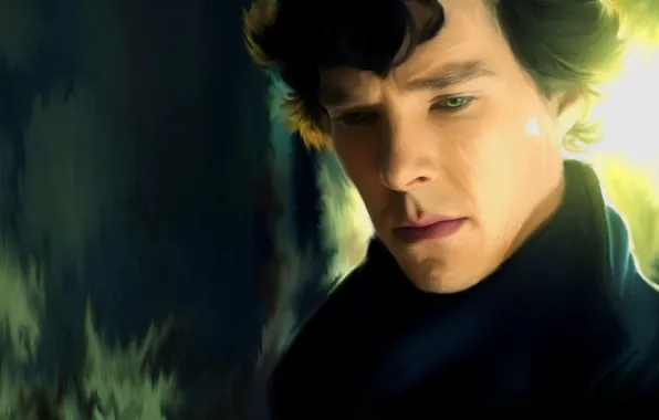 Sadness, greens, background, painting, Sherlock Holmes, Benedict Cumberbatch, Benedict Cumberbatch, Sherlock