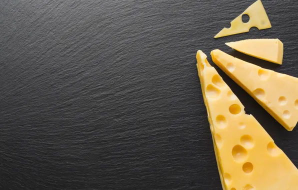 The dark background, food, cheese, pieces, grey background, holes, different, slices