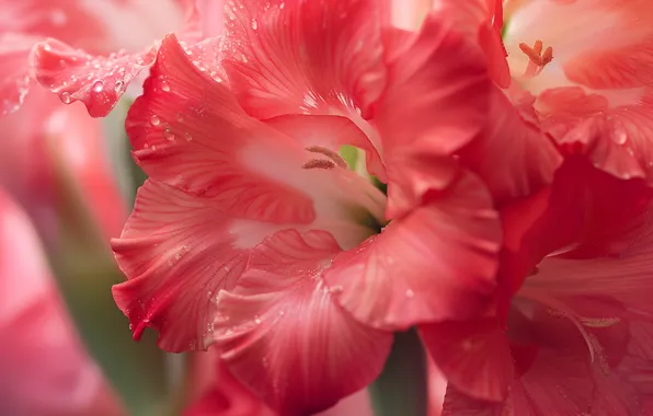 Flower, drops, macro, red, pink, petals, stamens, gladiolus