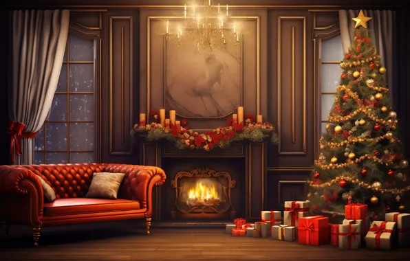 Decoration, room, balls, tree, interior, New Year, Christmas, gifts