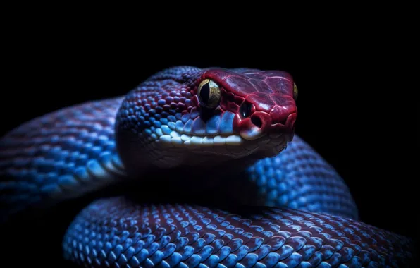 Picture Snake, Black background, Eyes, Face, Reptile, Animal, Digital art, Closeup