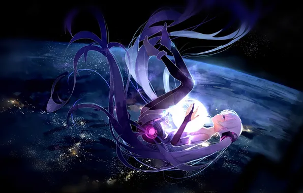 Picture girl, space, stars, lights, earth, planet, anime, art