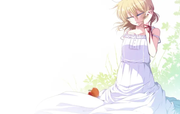 Picture girl, Apple, art, fruit, vocaloid, bow, kagamine rin, Vocaloid