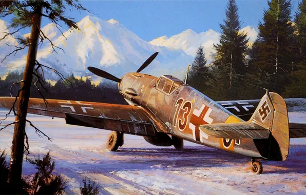 Picture winter, figure, fighter, Nicholas Trudgian, Bf109F