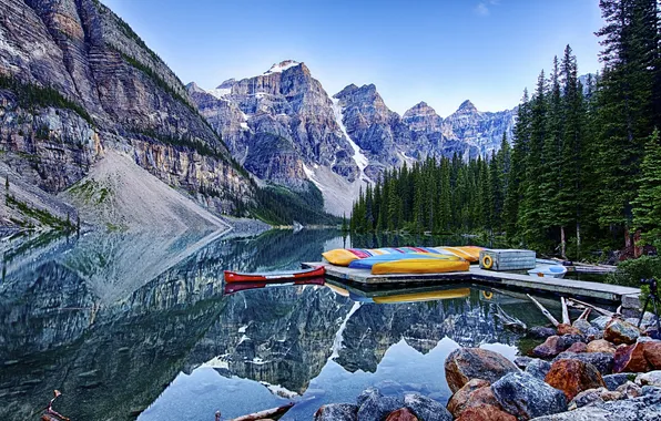 Trees, mountains, boat, pier, Canada, Albert, Canoeing, banff national park