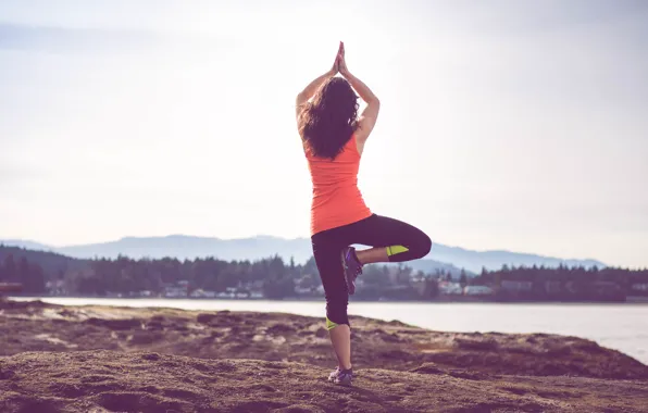 Girl, mountains, lake, back, village, yoga, solar