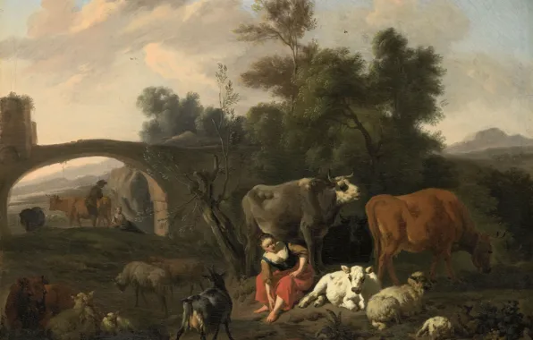 Oil, picture, canvas, Landscape with Shepherds and Cattle, Dirck van Bergen, 1690, Dirk van Bergen