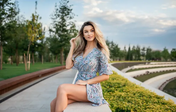 Girl, smile, dress, legs, sitting, A Diakov George, Elena Korovaina