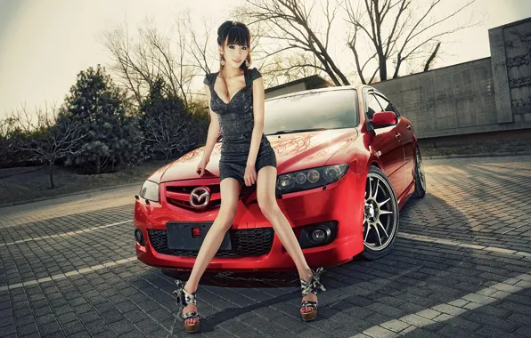 Look, Mazda, Asian, Erotic, beautiful girl, red car, posing on the car