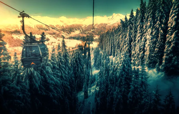 Picture forest, snow, mountains, treatment, the funicular, cable car, back to the valley