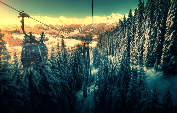 Forest, snow, mountains, treatment, cable car, the funicular, back to the valley