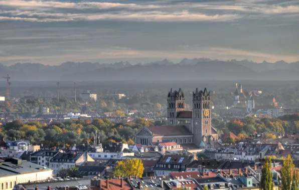 Trees, landscape, mountains, watch, home, Germany, tower, Munich