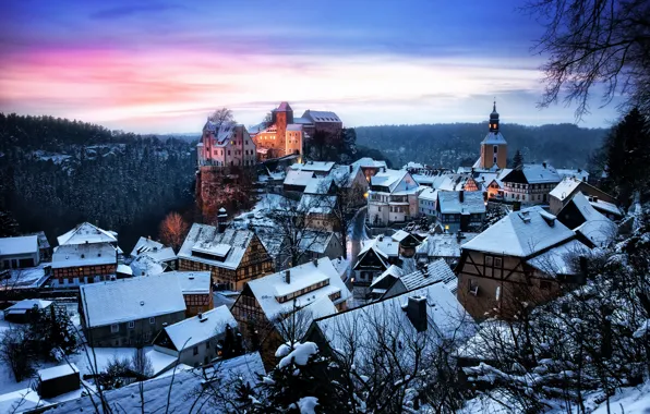 Picture winter, forest, snow, trees, sunset, castle, the evening, Germany