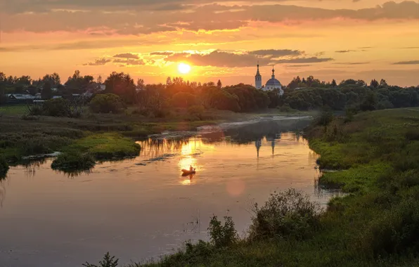 Picture the sun, landscape, sunset, nature, river, boat, Church, Bank