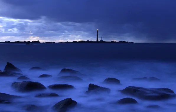 Picture sea, blue, lighthouse, Stones