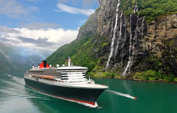 Mountains, nature, ship, waterfall, beauty, Norway, liner, the fjord