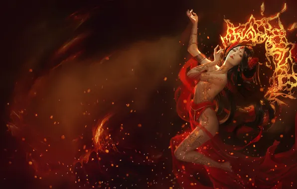 Girl, Fire, Style, Asian, Girl, Sparks, Fantasy, Art