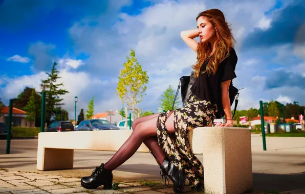 Road, girl, the sun, clouds, pose, skirt, makeup, shoes