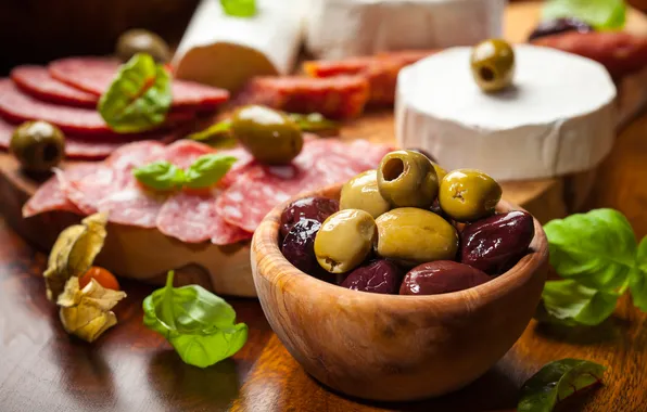Leaves, food, cheese, olives, sausage, olives, salami