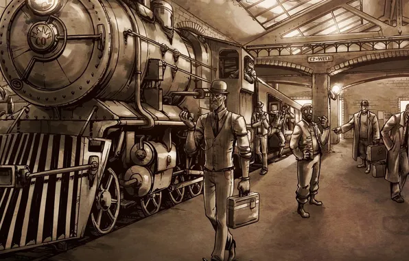 Picture people, station, the engine, the platform, steampunk