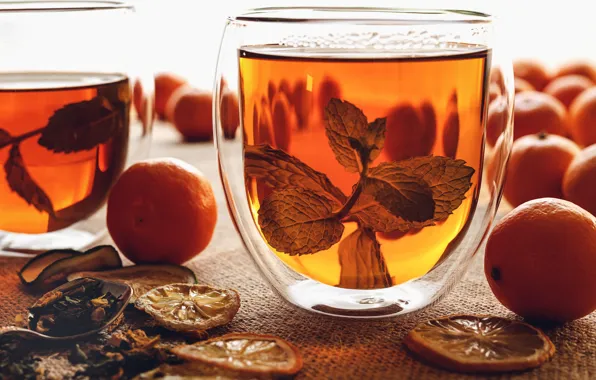 Tea, mint, tangerines