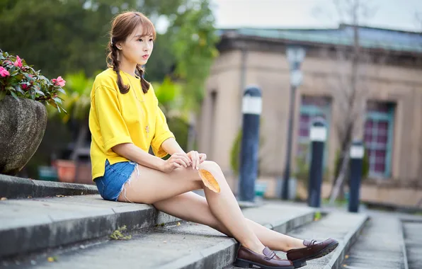 Girl, shorts, t-shirt, shoes, legs, Asian