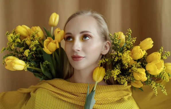 Girl, flowers, portrait, bouquet, yellow, makeup, blonde, tulips